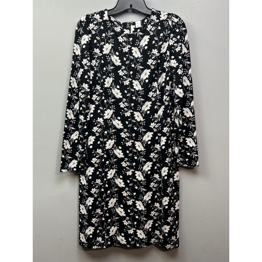 Old Navy Dress Womens Medium Black White Floral Shift Long Sleeve Mini 12092